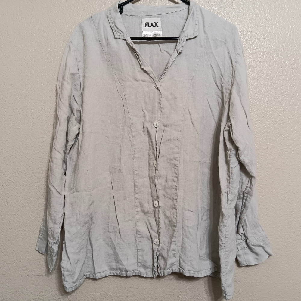 Flax Gray Linen Oversized Button Front Shirt Top - image 1